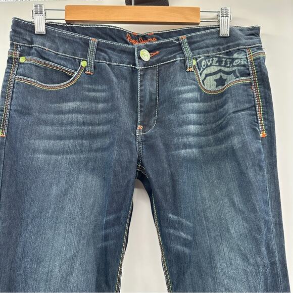 Pepe Jeans Dark Wash Rose Rhinestone Embellished Pockets Bootcut Jeans Size 31 - Picture 3 of 12